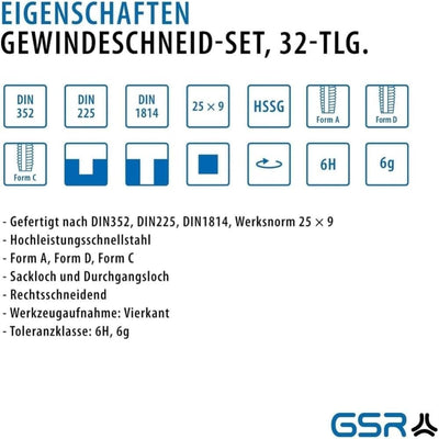 GSR PROFI 32 teilig Gewindeschneider Set metrisch M3 bis M12 HSSG | Handgewindebohrer, Gewindeschnei