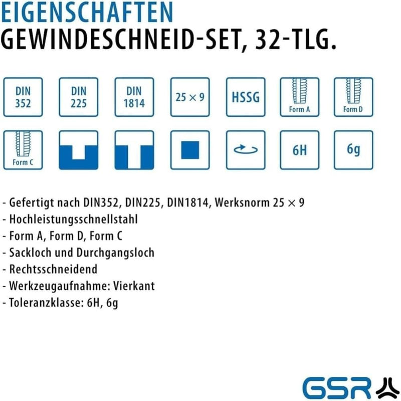 GSR PROFI 32 teilig Gewindeschneider Set metrisch M3 bis M12 HSSG | Handgewindebohrer, Gewindeschnei