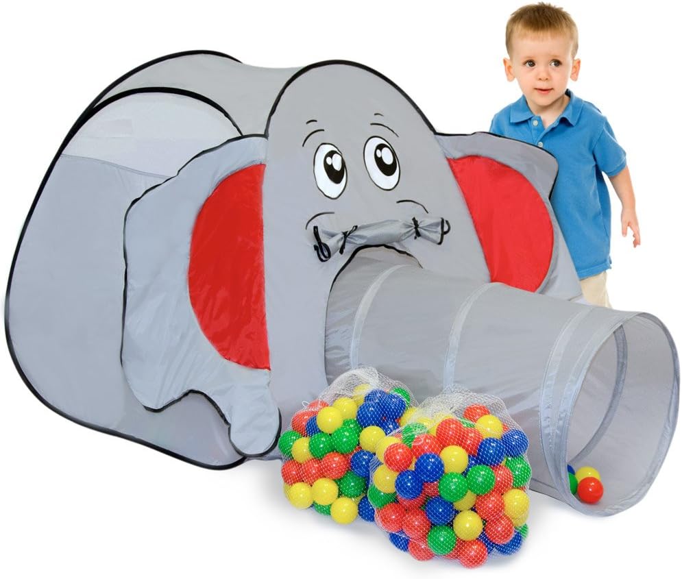 LittleTom Bällebad Elefant mit Tunnel - 200 Bälle - 100x100x102 Bällebad Kinder Spielzelt Tunnel - B