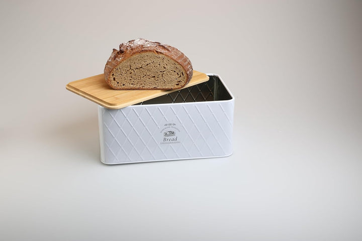 Brotkasten - Rustic Breadvault White, aus Metall mit Bambusdeckel, schöne & rustikale Brotbox mit na