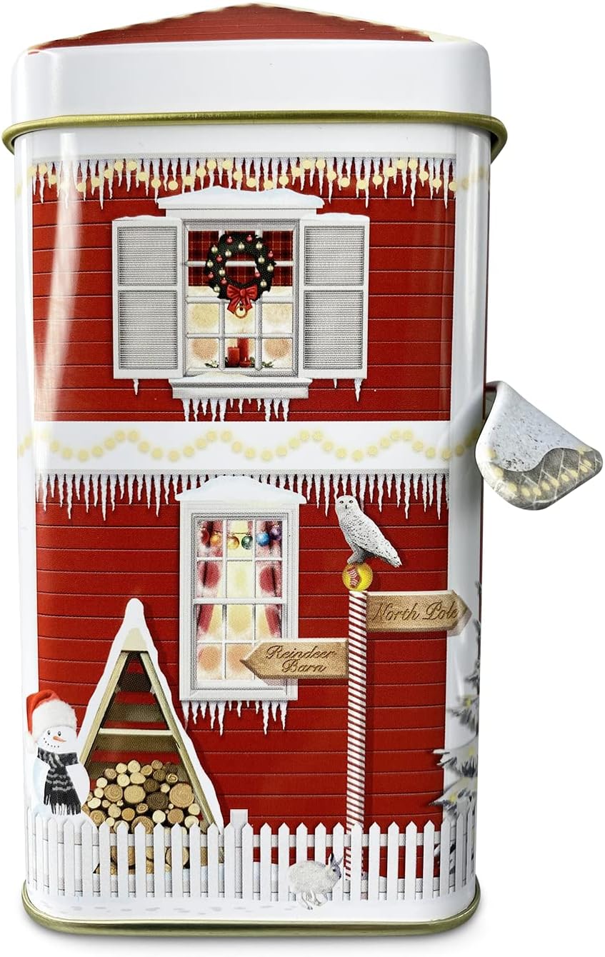 MediMuc Kleines Haus mit Vordach Winter - Keksdose, Blechdose - lebensmittelecht - Vol. 1,0l - Masse