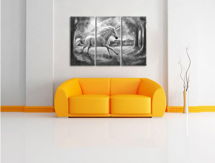 Pixxprint Einhorn im Wald bei Sonnenuntergang Kunst B&W 3-Teiler Leinwandbild 120x80 Bild auf Leinwa