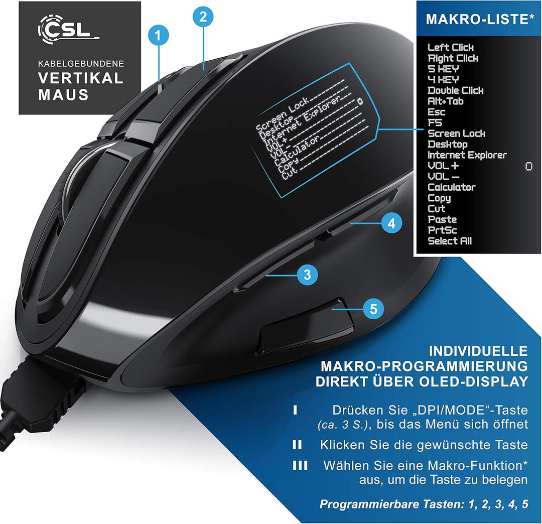 CSL - Gaming vertikale Maus mit OLED Display 2400 DPI - programmierbare Tasten - Office Mouse – mit
