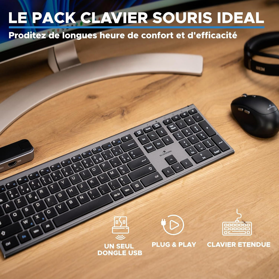 BlueStork - Grapheme kabellose Tastatur und Maus – Wireless mit Smart Dongle – leise Klicks – Ultra