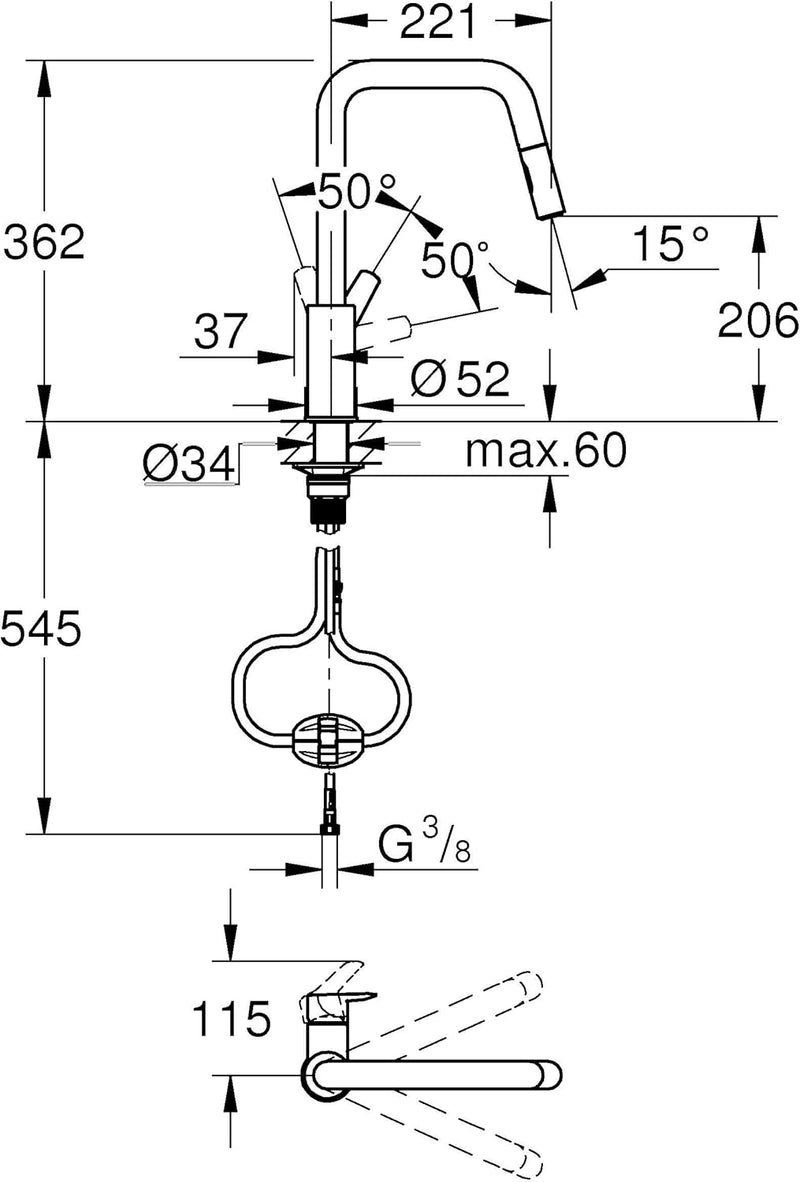 GROHE Start - Einhand-Spültischarmatur (hoher Auslauf, herausziehbare Dual Spülbrause, inkl. Tempera