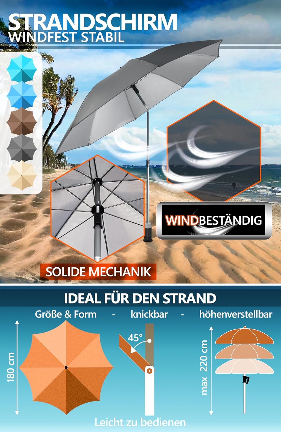 4smile Sonnenschirm Strand Ø 180 cm, 3-in-1 SET mit Bodenhülse, Anthrazit | UPF 50+ Strandschirm + S