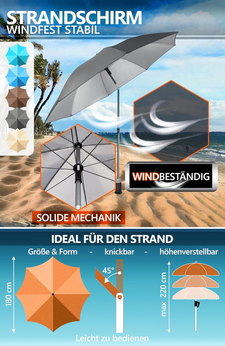 4smile Sonnenschirm Strand Ø 180 cm, 3-in-1 SET mit Bodenhülse, Anthrazit | UPF 50+ Strandschirm + S