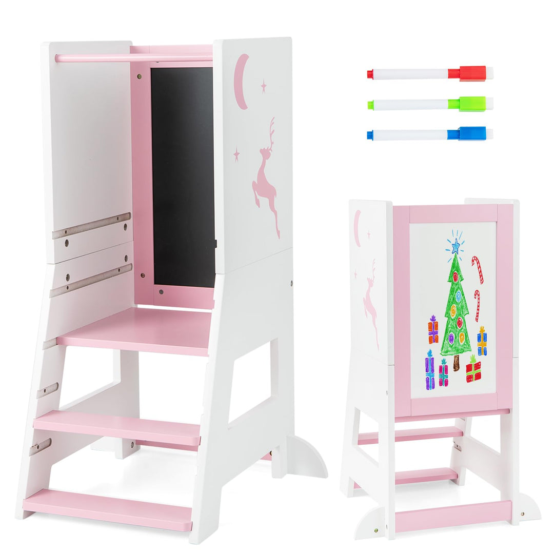 COSTWAY Lernturm kinder, 2 in 1 Tritthocker montessori mit 3 verstellbare Höhen & doppelseitiger Taf