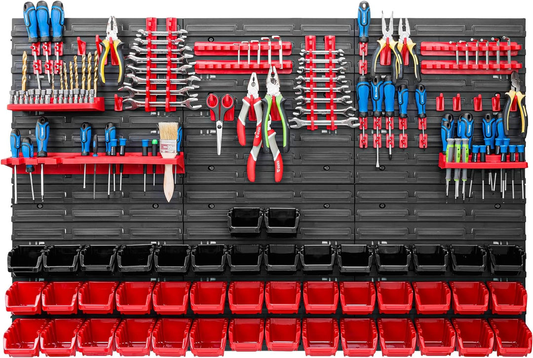 Lagersystem Werkstattregal | 117 x 78 cm | 44 stck. Box | Wandregal mit Werkzeughalterungen und Stap
