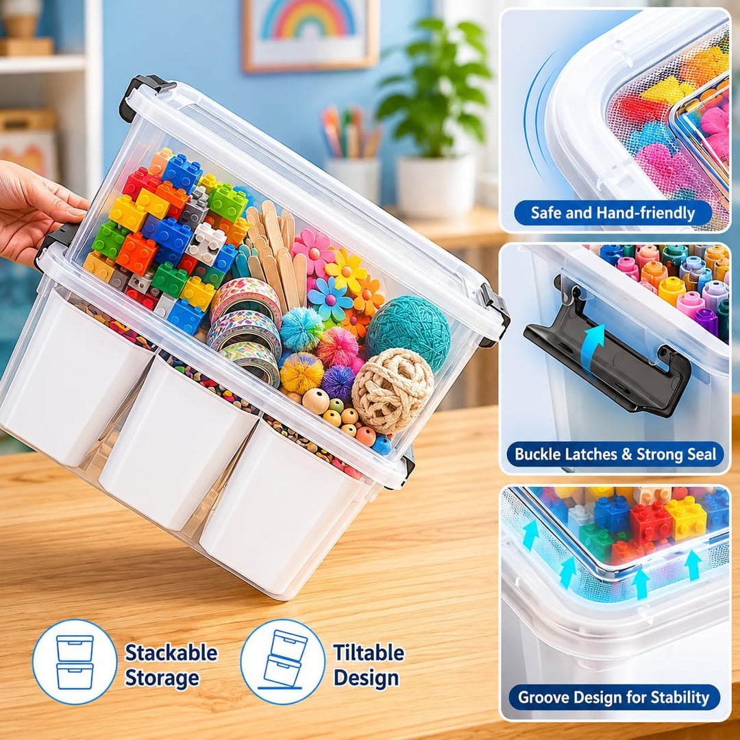 Aufbewahrungsbox mit Deckel, Transparent, Kunststoff Organizer mit 6 Fächern für Stifte und Bastelma