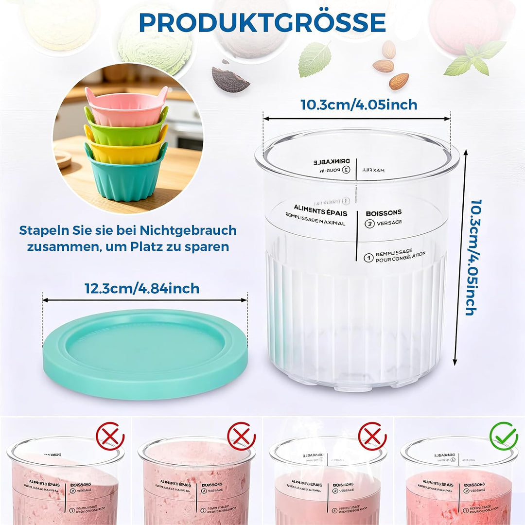 4 Stück Behälter für Ninja Creami Deluxe + Silikon-Dessertbecher, Ersatz Pints mit Deckel für NC500