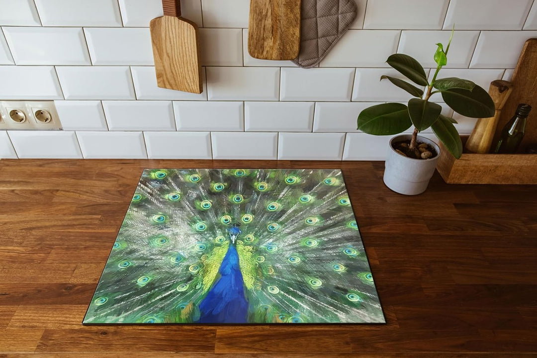 Pfau mit seinem Gefieder Herdabdeckplatte & Spritzschutz aus Echtglas | Für Herd-Kochfelder | 60x52