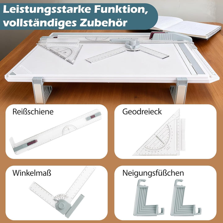 A3 Zeichenbrett, Professionelle Zeichenplatte DIN A3, Zeichentisch mit Schiebelineal Zeichendreieck
