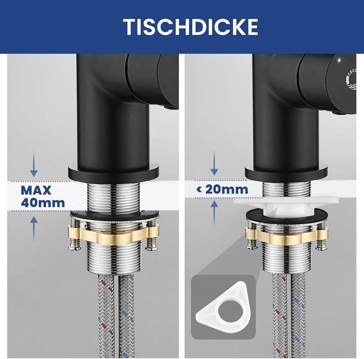 CECIPA Flexibler Wasserhahn, schwarz, für die Küche, mit 2 Strahlarten, Einhebelmischer, klappbar, W