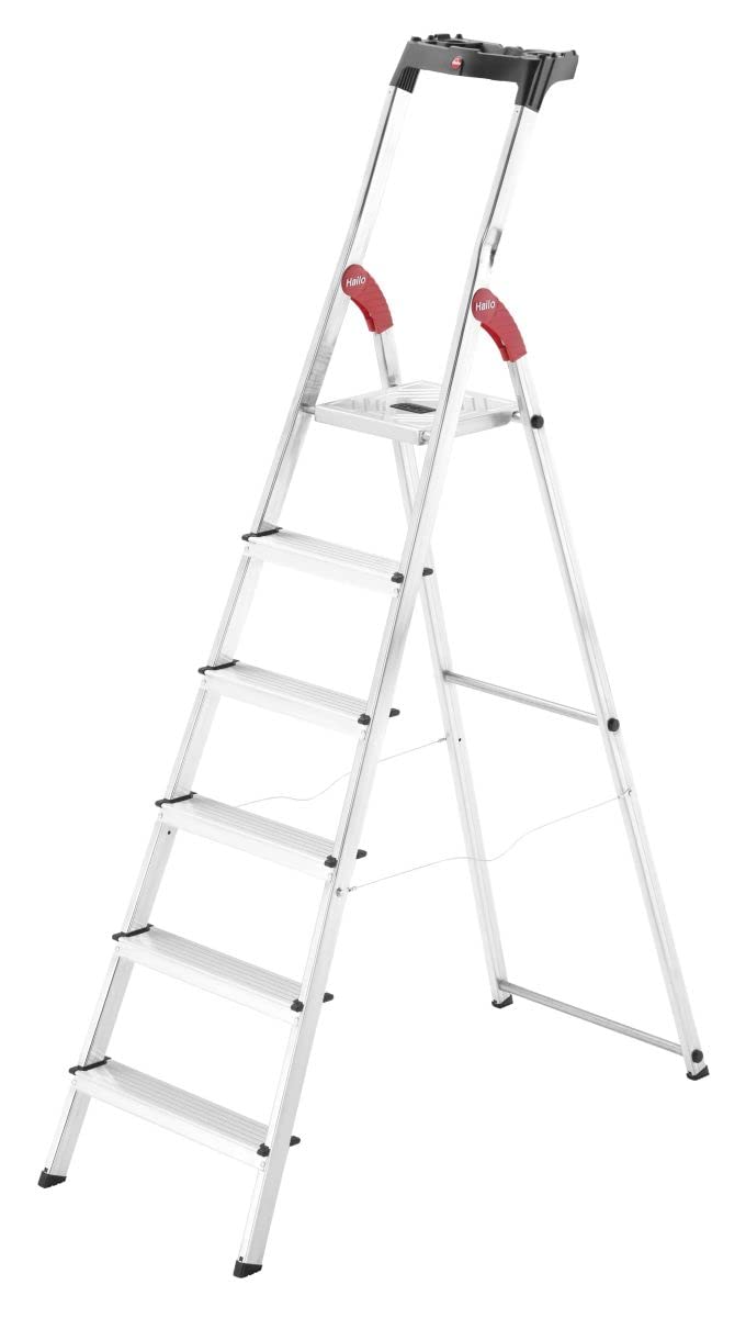 Hailo Stehleiter StandardLine 6 Stufen, belastbar bis 150 kg, Leiter aus Aluminium mit Ablage & Stab