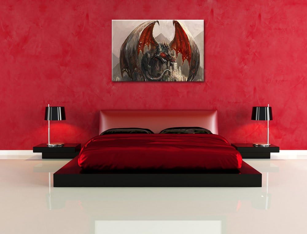 Pixxprint Dragon Castle, Format: 100x70 auf Leinwand, XXL riesige Bilder fertig gerahmt mit Keilrahm