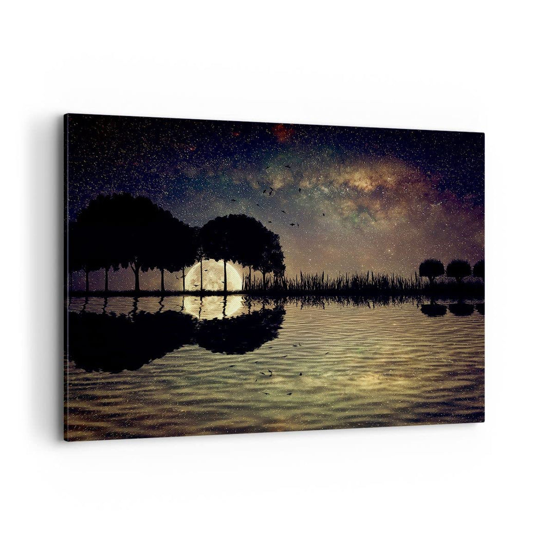 Bilder auf Leinwand 100x70cm Leinwandbild mit Rahmen See Nacht Wasser Gross Wanddeko Bild Schlafzimm
