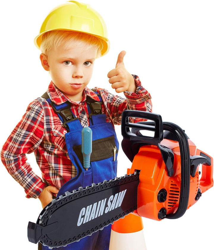 MalPlay Kinderwerkzeug Set mit Kettensäge, Helm, Handschuhe und Arbeitsbrille | Bewegung Geräusche M