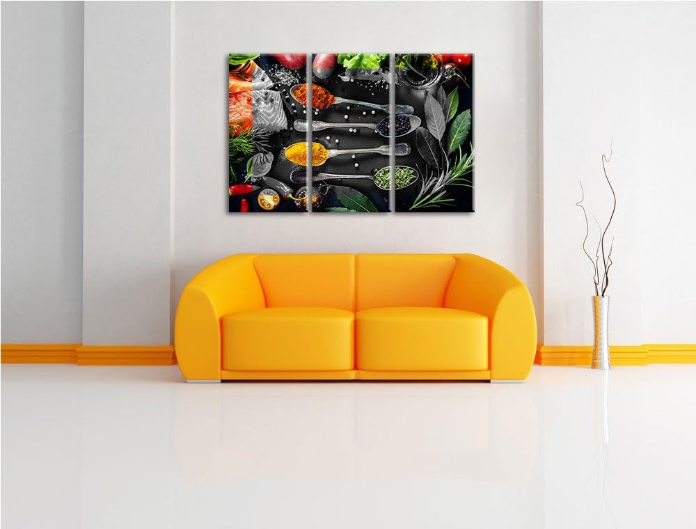 Gewürzmischung auf Löffeln schwarz/weiss 3-Teiler Leinwandbild 120x80 Bild auf Leinwand, XXL riesige