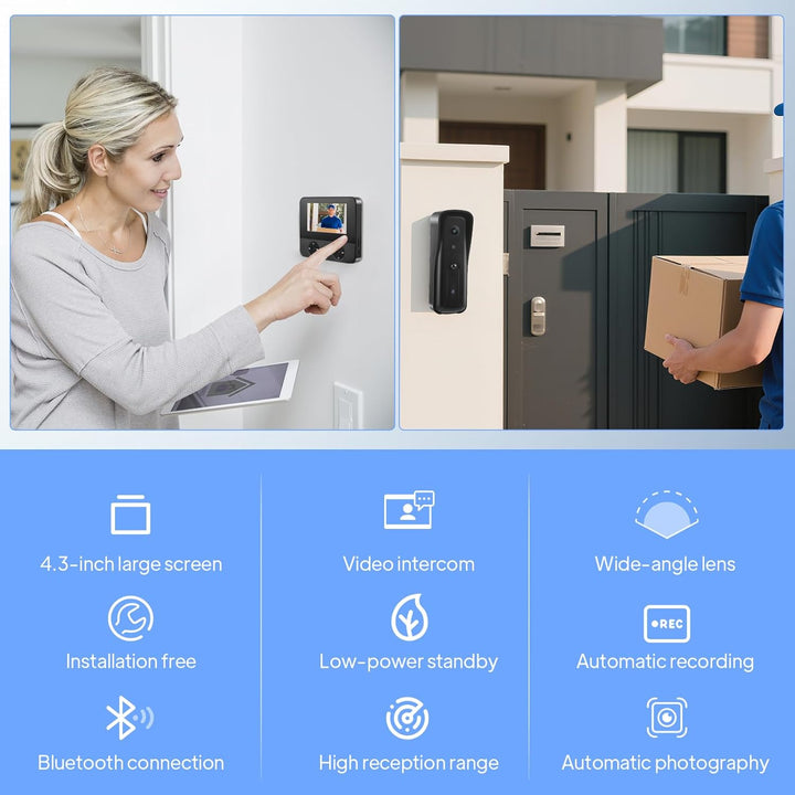Kabellose Türklingel Kamera mit 4,3" Monitor, 110° Infrarot-Nachtsicht & PIR-Bewegungserkennung, Ind