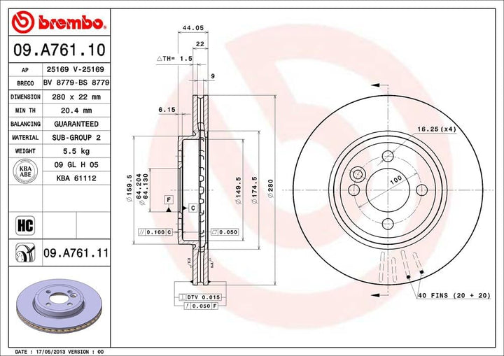 Brembo 09.A761.11 Vordere Bremsscheibe mit UV Lackierung, Anzahl 2