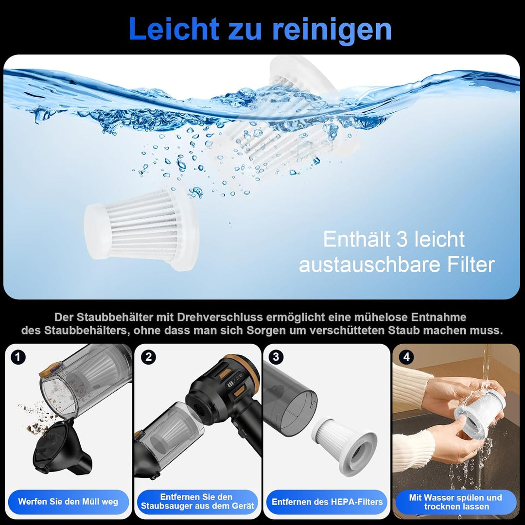 Handstaubsauger, 26000 Pa 4-In-1 Mini Staubsauger Akku Kabellos mit Digitalanzeige 1-Knopf-Selbstent