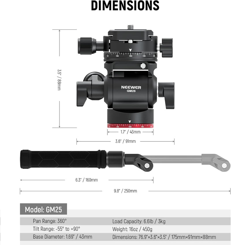 NEEWER Fluidkopf für Videostativ, Fluid Stativkopf mit 360° Panoramakopf (⌀43mm), Teleskopgriff, Arc