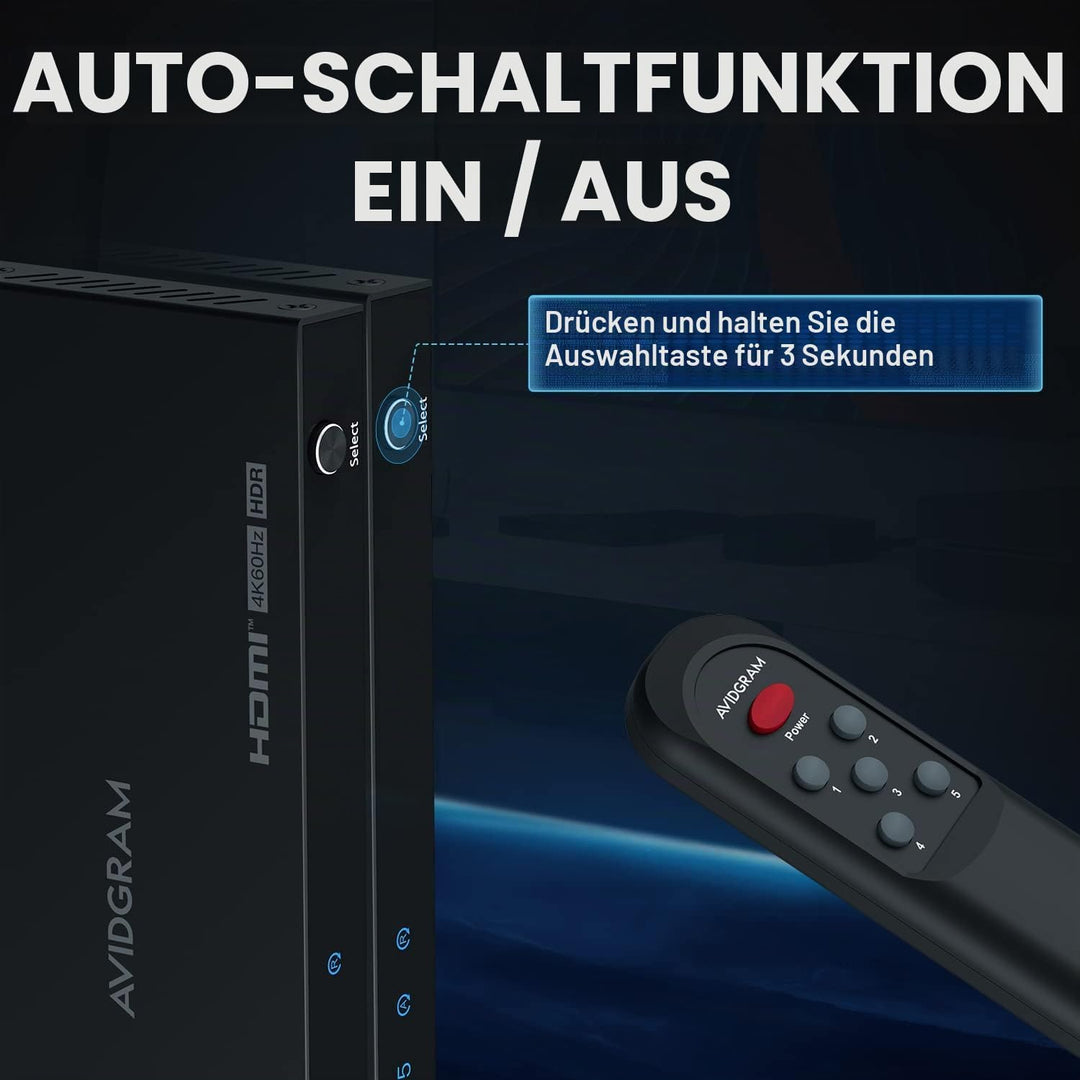 HDMI Switch 4K 60Hz, AVIDGRAM HDMI 2.0 Umschalter 5 in 1 Out, 5 Port HDMI Selector Box with IR Remot