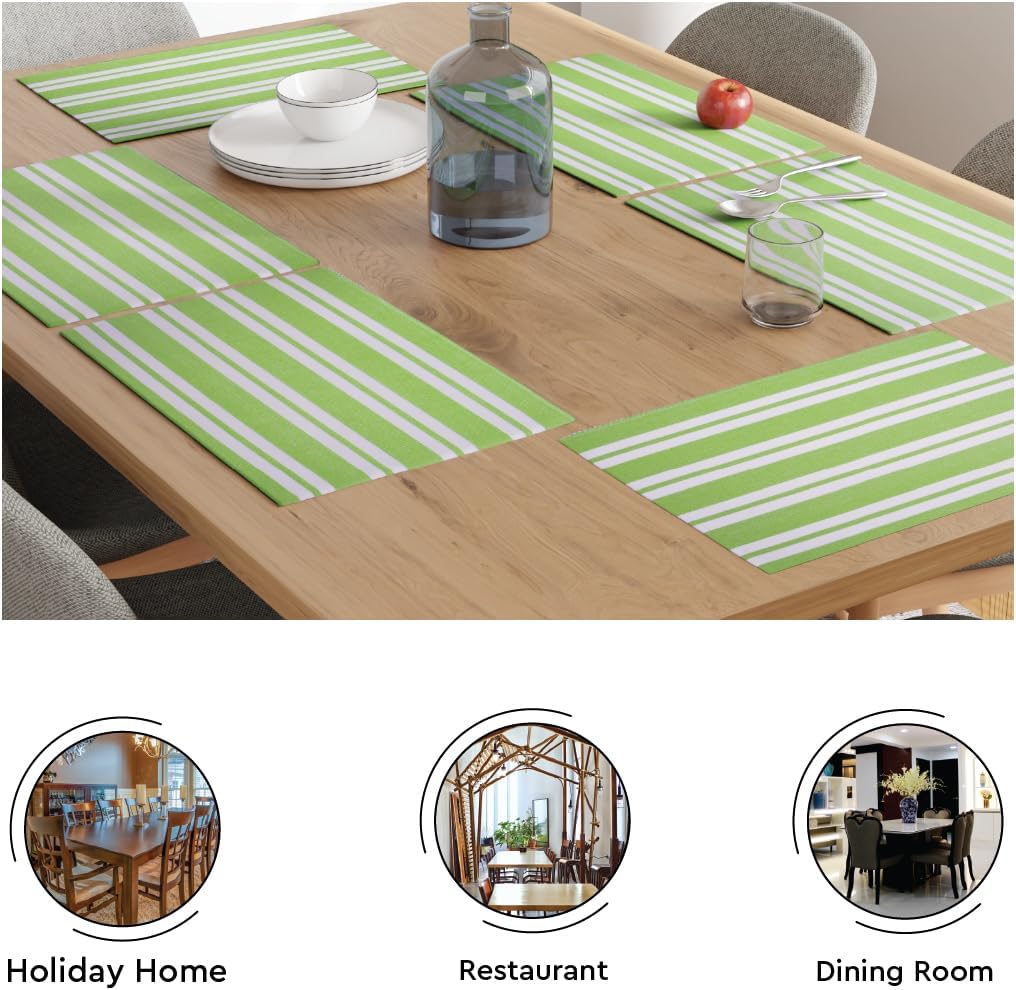 Encasa XO Platzsets Esstisch Set von 6 | Franca Lime Stripes | Fein gerippte Baumwoll-Tischunterlage