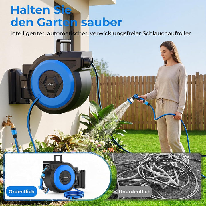 Himimi Schlauchtrommel 30m + 2m Wand-Schlauchbox, 180° Schwenkbar Gartenschlauch Aufroller, Wasser S