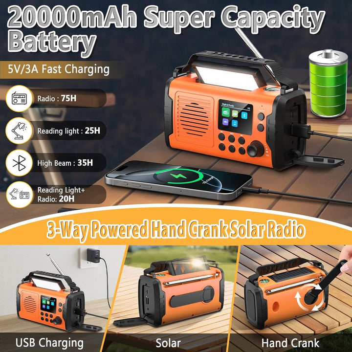 20000mAh Kurbelradio mit Bluetooth, DAB/FM Solar Radio, Als Taschenlampe & Leselicht, USB Handy-Lade