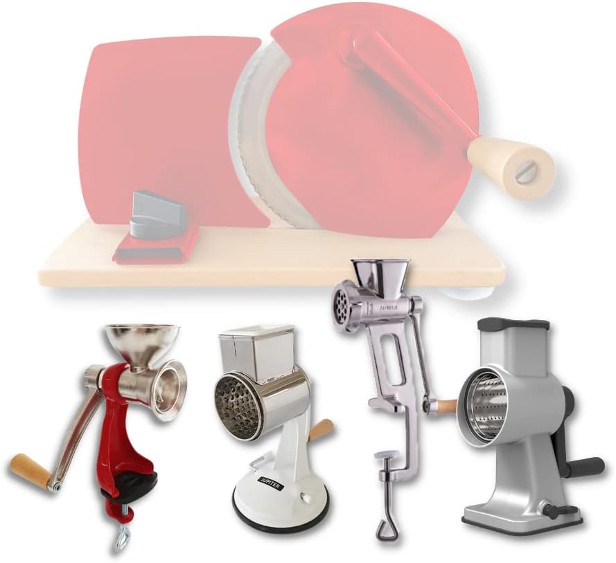 Jupiter Küchenmaschine manueller Allesschneider mit Kurbel und Holzplatte rot + glattes Messer, Rot