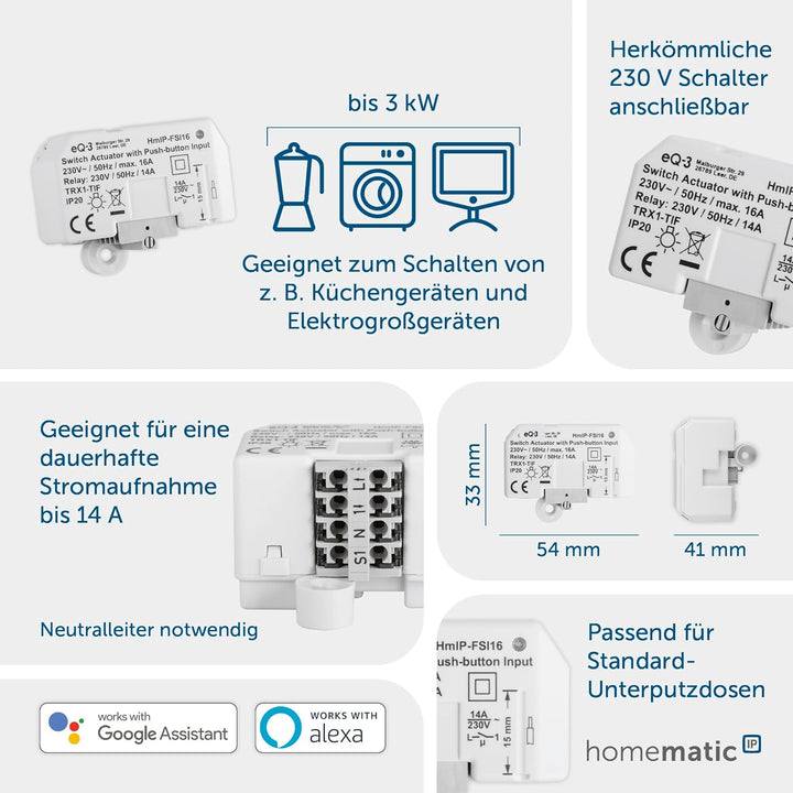 Homematic IP Smart Home Schaltaktor mit Tastereingang (16 A) – Unterputz, steuert Geräte und Leuchte