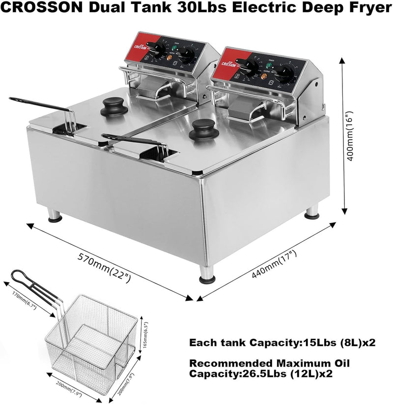 CROSSON 16L Elektrische Fritteuse mit doppeltem Tank und rotierendem Fritteusenkopf, 30-Minuten-Time