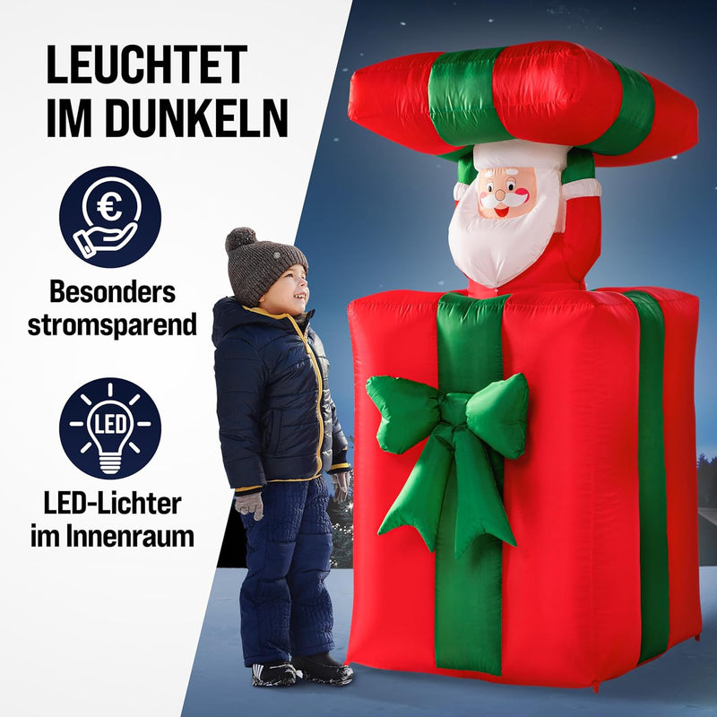 MONZANA® Aufblasbarer Weihnachtsmann 152cm Springt-aus-der-Box LED Beleuchtet IP44 Aussen Weihnachte