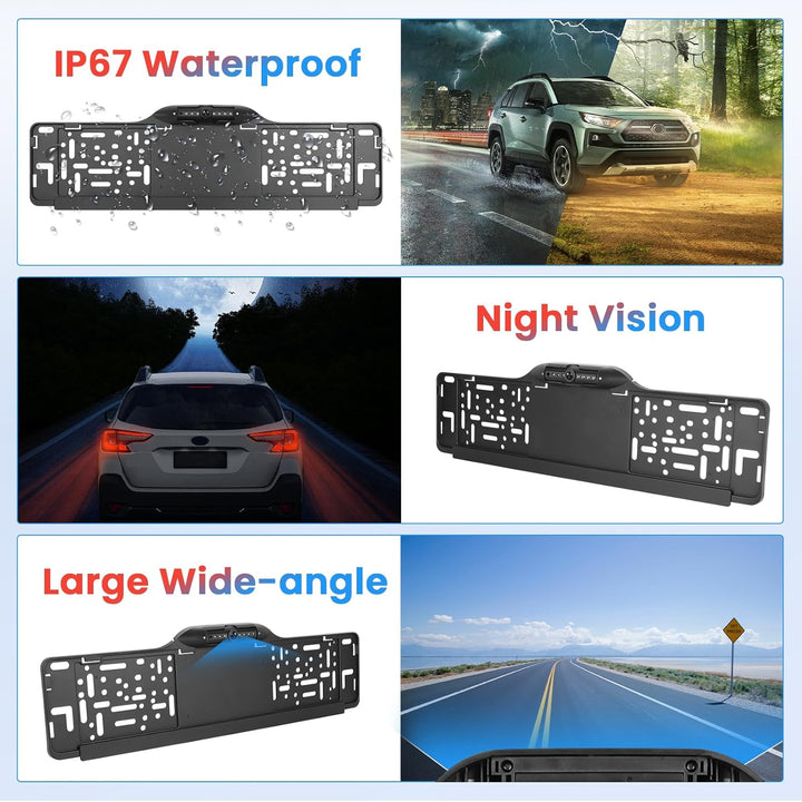 Kennzeichenrahmen EU Rückfahrkamera 7LED, Wasserdicht, Nachtsicht, Weitwinkel Full HD 1080P, Einstel