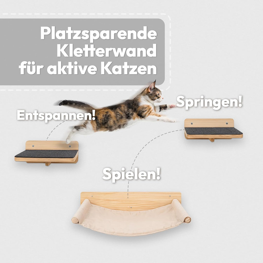 Katzen Wand-Hängematten Set – 1 Hängematte & 2 Plattformen aus Massivholz & Sisal Wandmontiertes Kat