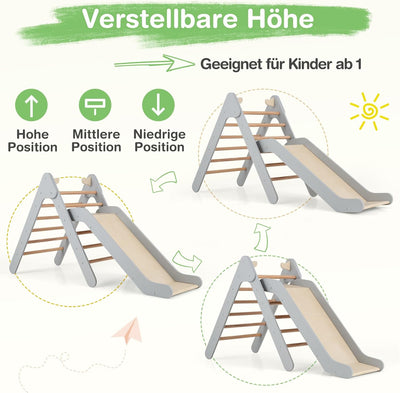 COSTWAY Kletterdreieck mit Rutsche, Klettergerüst aus Holz, Sprossendreieck zum Rutschen und Kletter