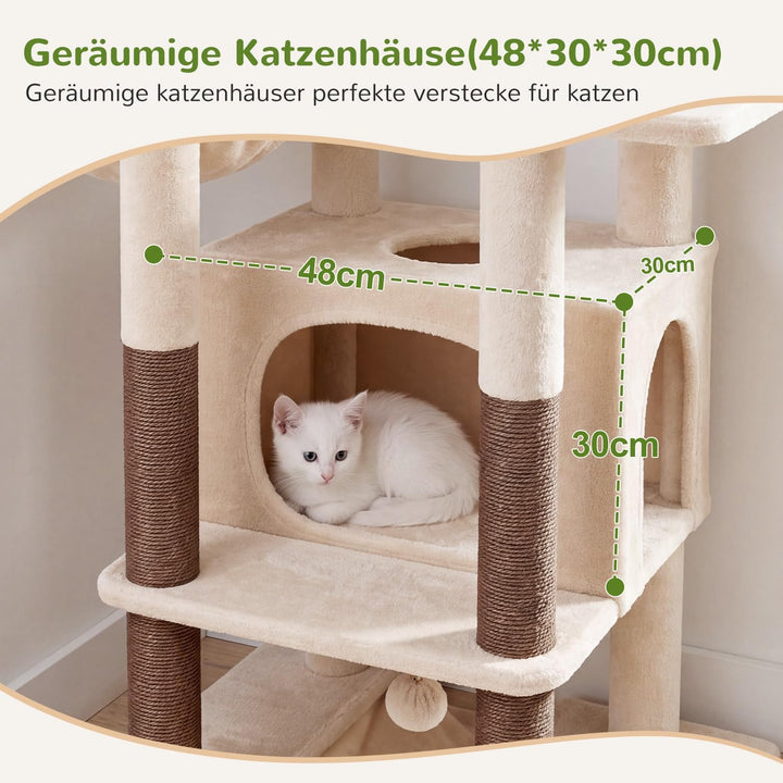 Globlazer Kratzbaum Stabil Beige mit Grosse Loungebereich für 2/3 Katzen S56 | Katzenbaum 143cm Plat