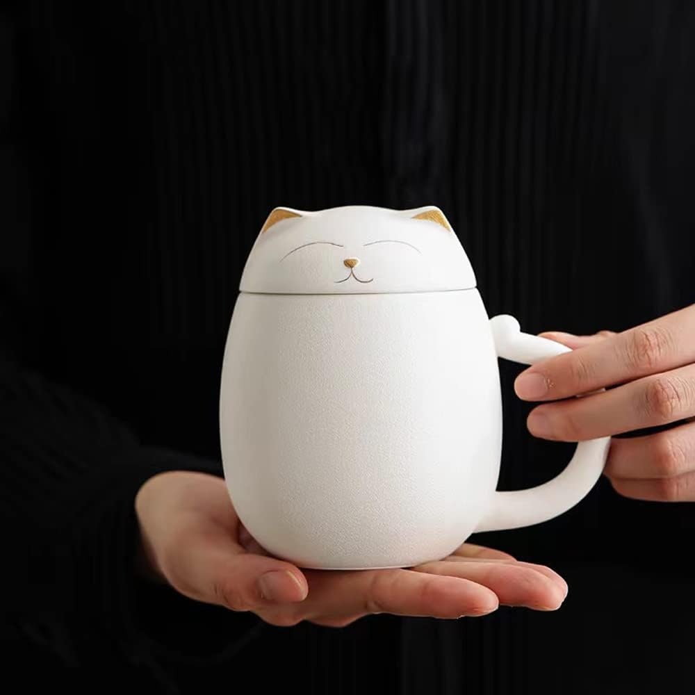 Katzenbecher mit Teesieb und Deckel, Niedliche Teetassen Kawaii-Tasse aus Keramik zum Ziehen, Handge