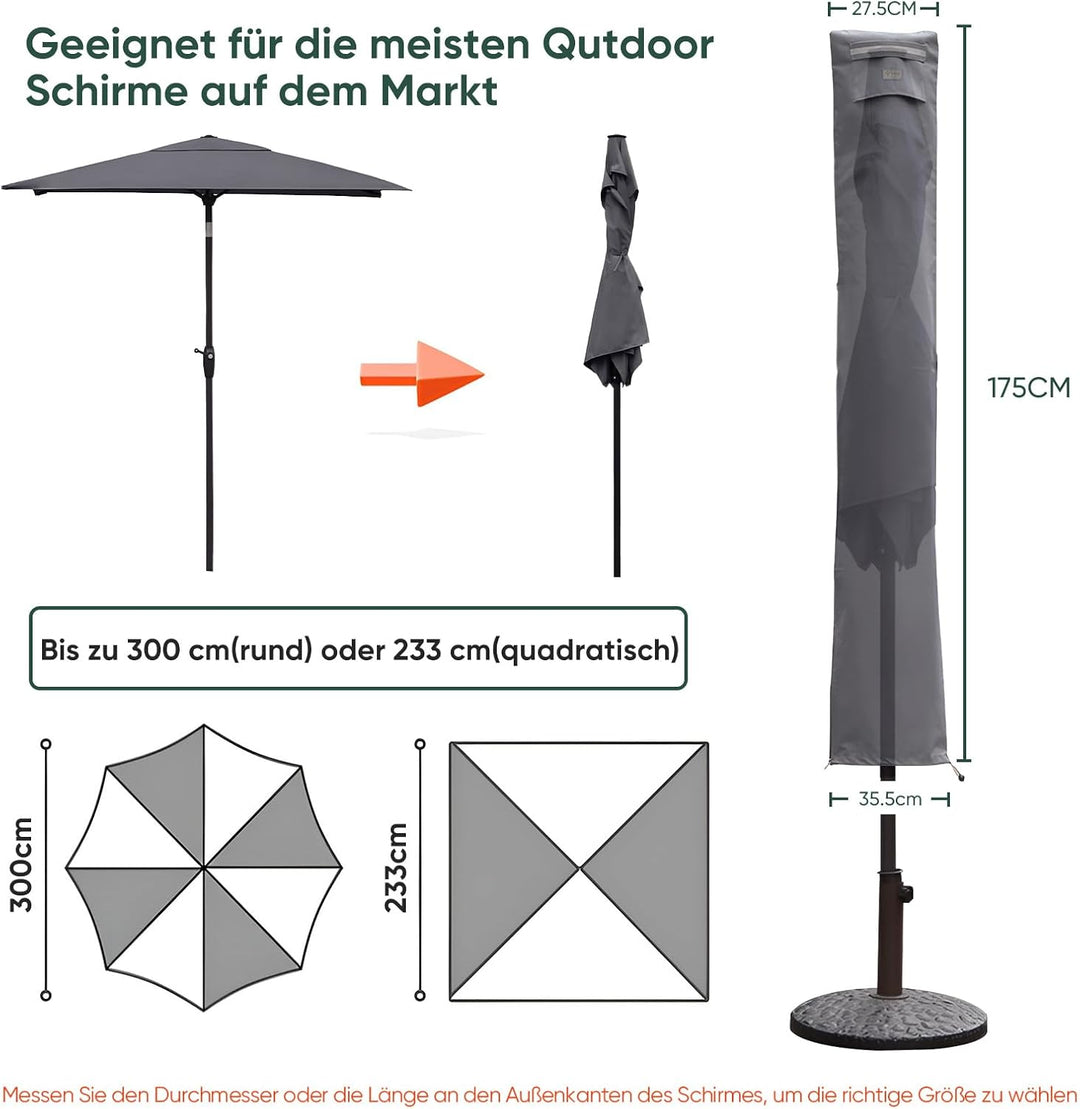 Sekey® Schutzhülle für Ø 300 cm Sonnenschirm, Abdeckhauben für Sonnenschirm 175cm x 27,5/35,5cm Grau