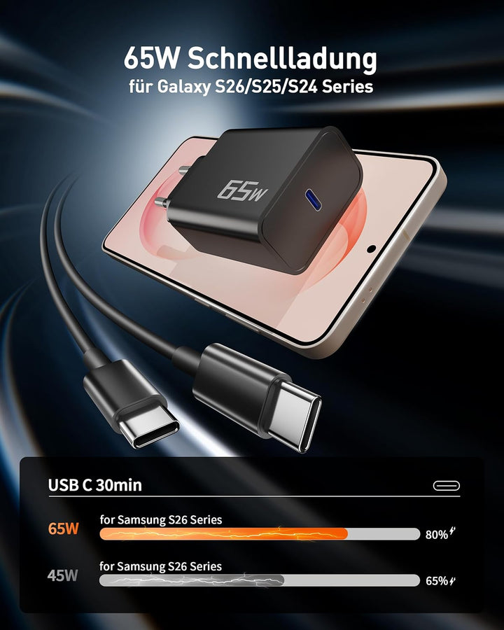 60W/65W USB C Ladegerät Schnellladekabel für Samsung Galaxy S26 Ultra S25 S24 S23 S22 FE 5G A56, Not