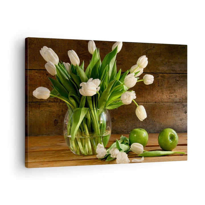 Bilder auf Leinwand Tulpen Apfel Blumenstrauss Frühling Leinwandbild 70x50cm Wandbilder Dekoration W