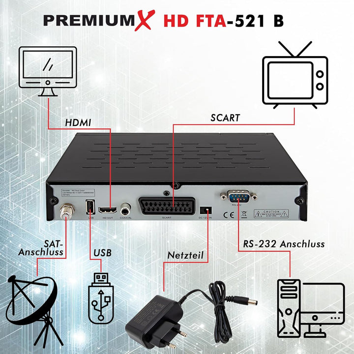 PremiumX Satelliten-Receiver HD 521 FTA Digital SAT TV-Receiver DVB-S2 FullHD HDMI SCART 2X USB Mult