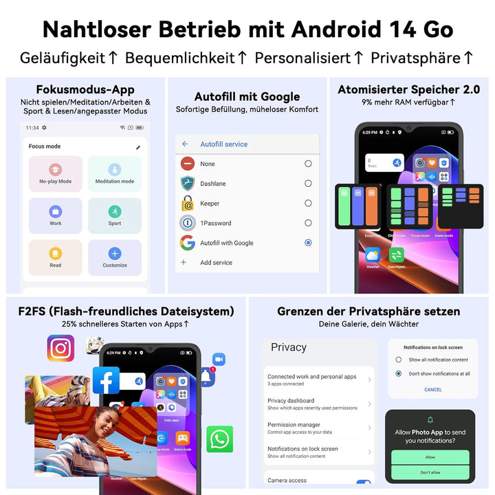 OSCAL Flat 2C Handy Ohne Vertrag Android 14, 6GB+64GB/2TB TF, Octa-Core 6,56" HD+, 5000mAh Akku, 13M