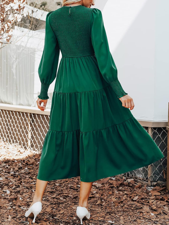 CUPSHE Damen Kleid Rundhals Langarm Gestuftes Rüschensaum Hohe Taille Gesmoktes Maxikleid A Linien F