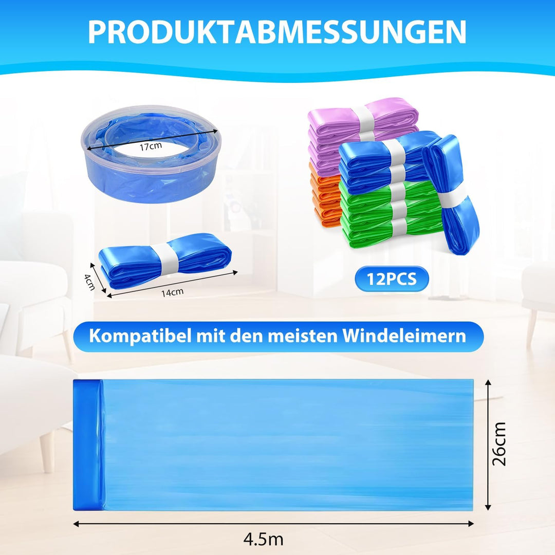 12 Stück Windeleimer Nachfüllkassetten 4.5M,Verbesserte Geruchsresistenz und Haltbarkeit,Kompatibel