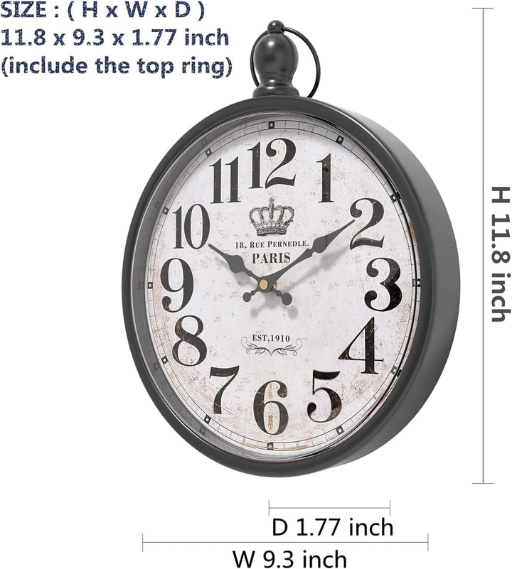 Menterry Small Retro Round Wall Clock. Black Vintage Antique Style Wall Clocks. Battery Operated Sil
