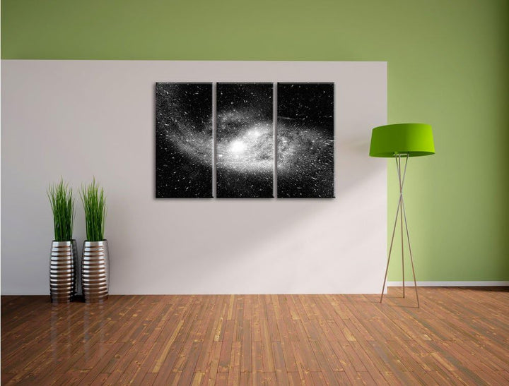 Pixxprint Ferne Galaxie im Sternenstaub Kunst B&W 3-Teiler Leinwandbild 120x80 Bild auf Leinwand
