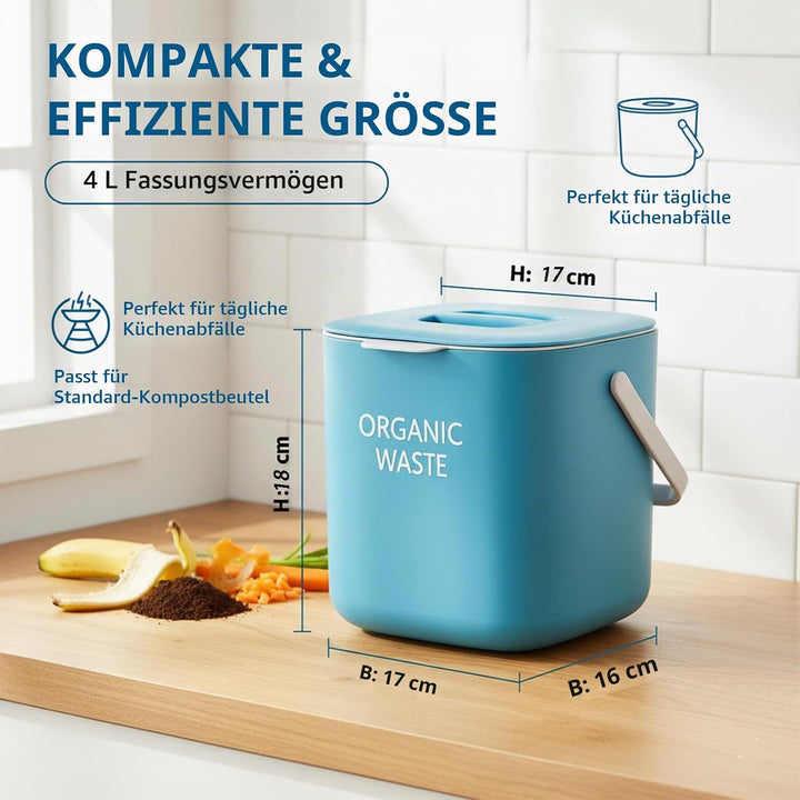 Kleiner Biomülleimer Küche, 4L Biomülleimer Küche mit Aktivkohlefilter &amp; Sieb - Geruchsneutral, Spül